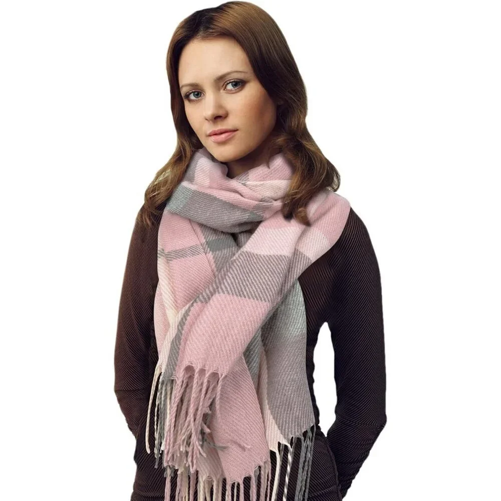 Women's Beige Grey Lattice Scarf Fashion Long Plaid Shawls Wraps Big Grid Winter